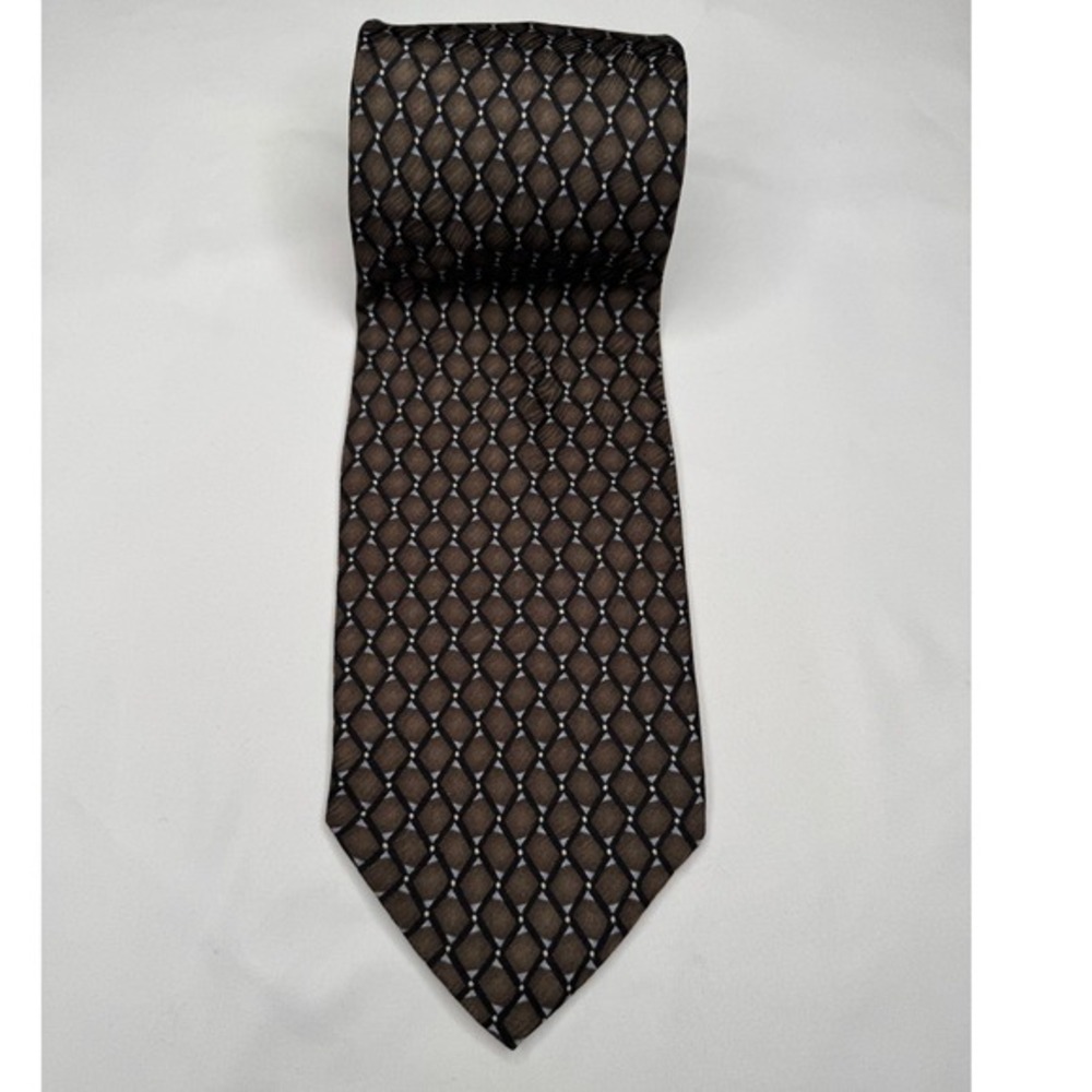 Louis Roth Vintage Silk Tie Brown Geometric Diamond Hand Made Mens Necktie